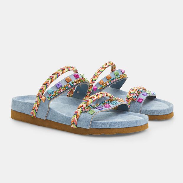 Mules para mujer con cordones entrelazados y aplicaciones de joyas, 