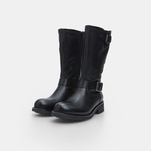 Bottines Biker en cuir pour femme avec double boucle, Noir